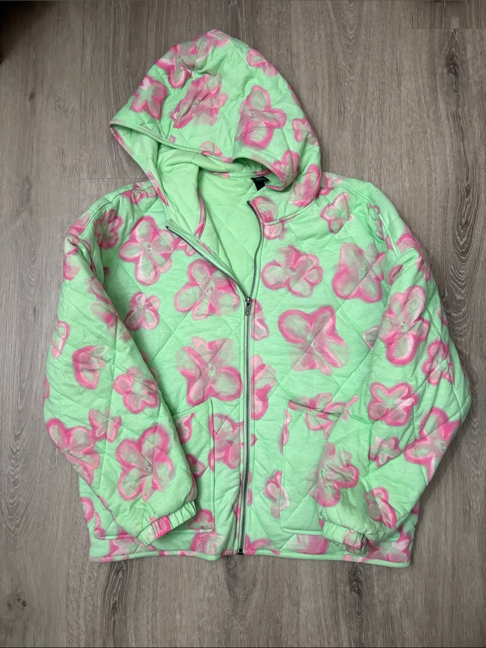 wild fable Mint Green Quilted Hoodie with Pink Floral Accents
